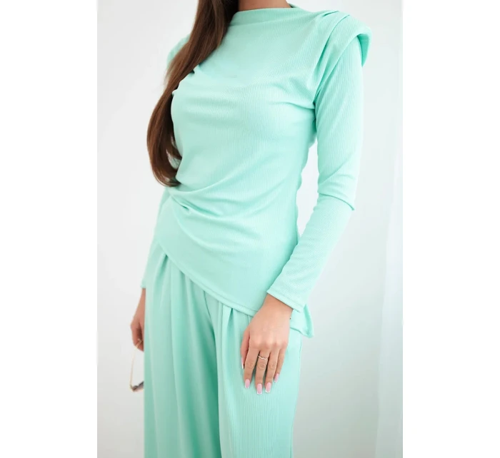 Dámská bavlněná souprava s halenkou a kalhotami s širokými nohavicemi mátová Dámská bavlněná souprava s halenkou a kalhotami s širokými nohavicemi mátová