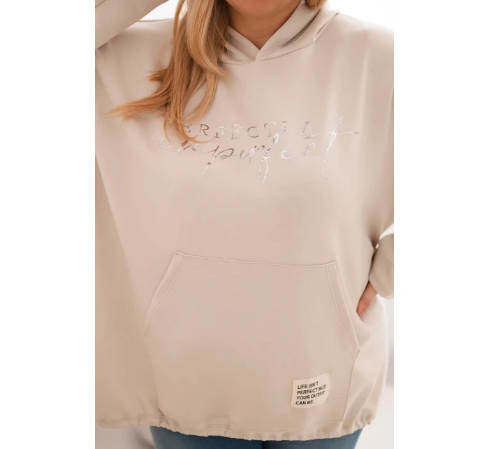Dámská mikina Plus Size s kapucí a potiskem béžová Dámská mikina Plus Size s kapucí a potiskem béžová