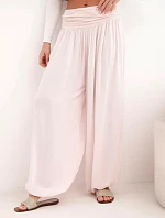 Dámské viskózové kalhoty se širokými nohavicemi a nařasením pudrově růžové