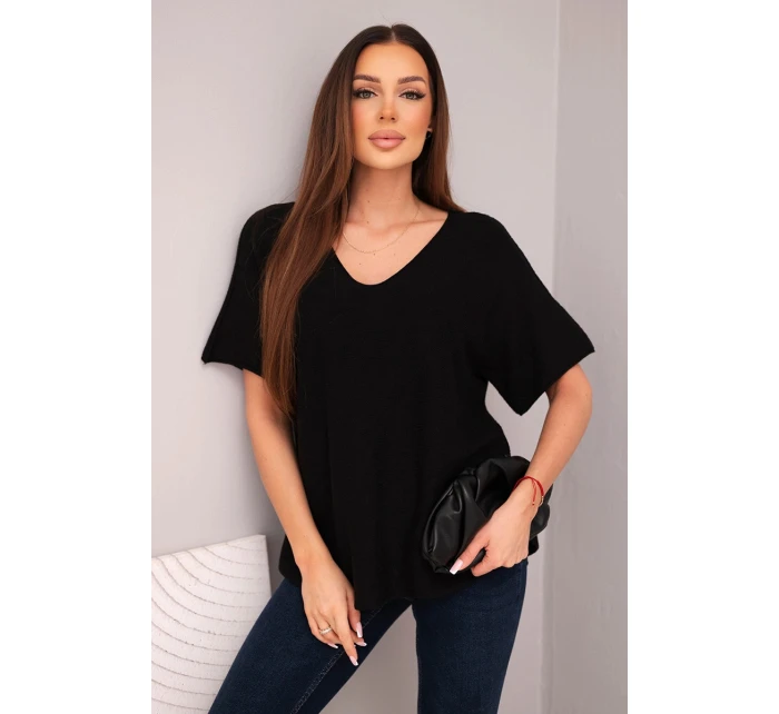 Dámská svetr s krátkým rukávem a výstřihem do V černá Dámská svetr s krátkým rukávem a výstřihem do V černá