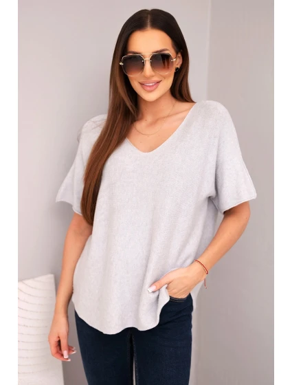 Dámská svetr s krátkým rukávem a výstřihem do V šedá Dámská svetr s krátkým rukávem a výstřihem do V šedá