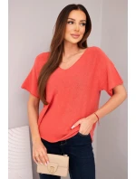 Dámská svetr s krátkým rukávem a výstřihem do V malinová