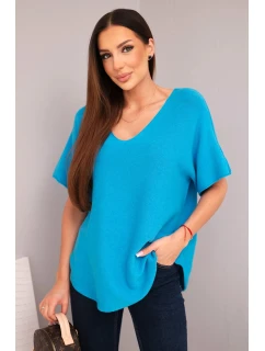 Dámská svetr s krátkým rukávem a výstřihem do V tyrkysová