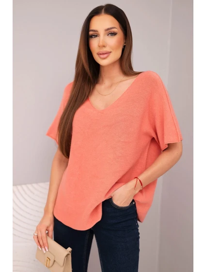 Dámská svetr s krátkým rukávem a výstřihem do V meruňková Dámská svetr s krátkým rukávem a výstřihem do V meruňková