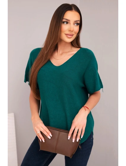 Dámská svetr s krátkým rukávem a výstřihem do V tmavě zelená Dámská svetr s krátkým rukávem a výstřihem do V tmavě zelená