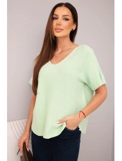 Dámská svetr s krátkým rukávem a výstřihem do V mátová