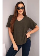 Dámská svetr s krátkým rukávem a výstřihem do V khaki