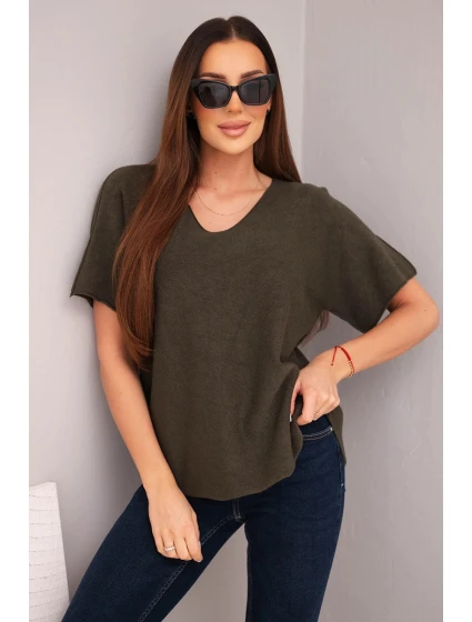 Dámská svetr s krátkým rukávem a výstřihem do V khaki Dámská svetr s krátkým rukávem a výstřihem do V khaki