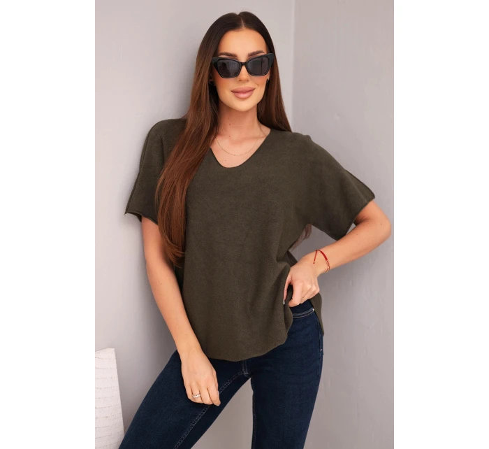 Dámská svetr s krátkým rukávem a výstřihem do V khaki Dámská svetr s krátkým rukávem a výstřihem do V khaki