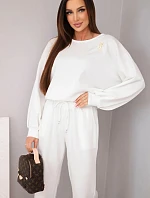 Dámský komplet máslo svetr s broží a kalhoty s rovnou nohavicí ecru