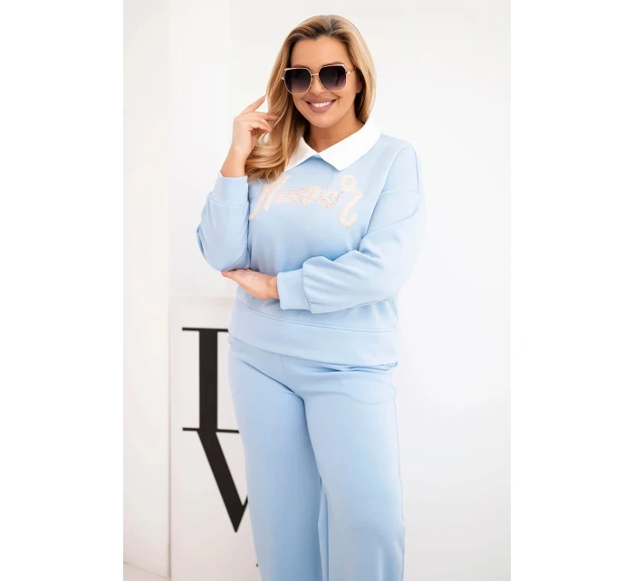 Dámský komplet model 21924586 Plus Size s širokými nohavicemi a límečkem modrý - K-Fashion Dámský komplet model 21924586 Plus Size s širokými nohavicemi a límečkem modrý - K-Fashion