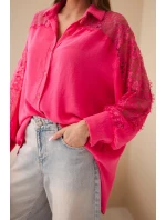 Dámská viskózová košile s krajkovými rukávy a límečkem béžová