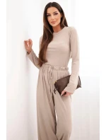 Dámský viskózový komplet s blůzou a širokými kalhotami béžový