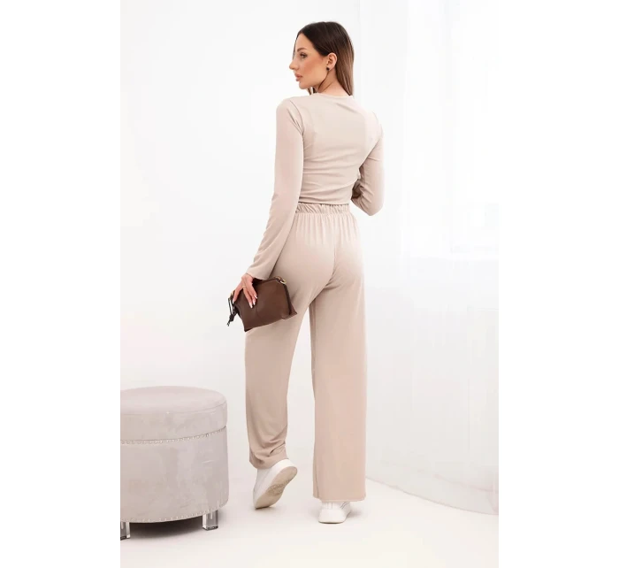 Dámský viskózový komplet s blůzou a širokými kalhotami béžový Dámský viskózový komplet s blůzou a širokými kalhotami béžový