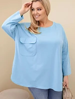 Dámská blůza Plus Size s bavlnou, s kapsou a ohrnovacími rukávy modrá