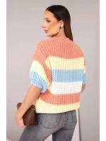Dámský svetr s krátkým rukávem v barevných pruzích a otevřeným pletením rudy