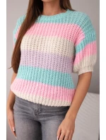 Dámský svetřík s krajkovým vzorem v barevných pruzích s krátkým rukávem mátový