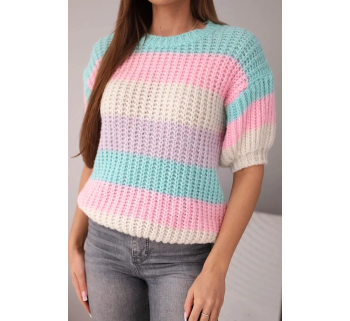 Dámský svetřík s krajkovým vzorem v barevných pruzích s krátkým rukávem mátový Dámský svetřík s krajkovým vzorem v barevných pruzích s krátkým rukávem mátový