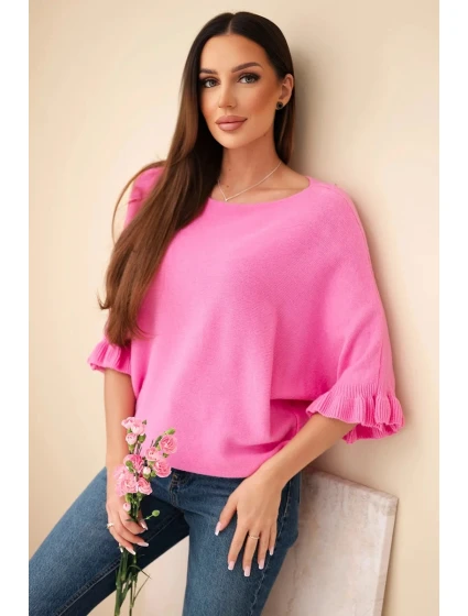 Dámský svetr typu netopýr s kulatým výstřihem růžový Dámský svetr typu netopýr s kulatým výstřihem růžový