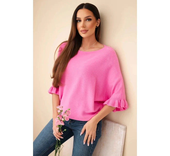 Dámský svetr typu netopýr s kulatým výstřihem růžový Dámský svetr typu netopýr s kulatým výstřihem růžový