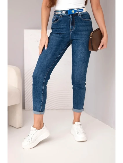 Dámské džíny Mom Fit s vysokým pasem a kontrastním páskem tmavě džínsová Dámské džíny Mom Fit s vysokým pasem a kontrastním páskem tmavě džínsová