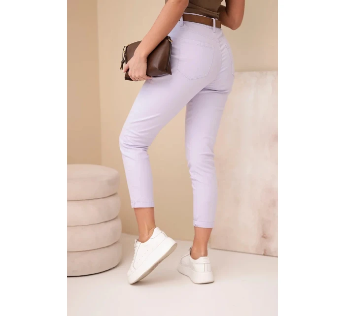 Dámské jarní boyfriend kalhoty s vysokým pasem a pásem M.Sara fialové Dámské jarní boyfriend kalhoty s vysokým pasem a pásem M.Sara fialové