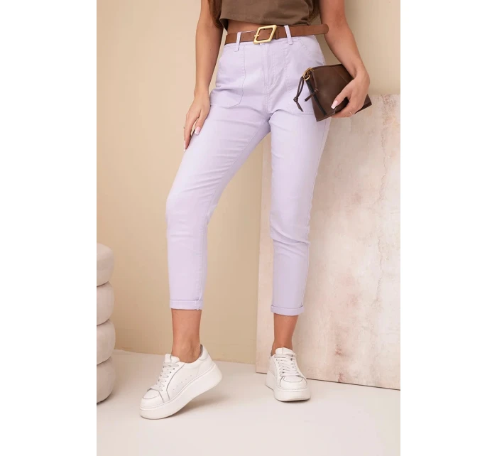 Dámské jarní boyfriend kalhoty s vysokým pasem a pásem M.Sara fialové Dámské jarní boyfriend kalhoty s vysokým pasem a pásem M.Sara fialové