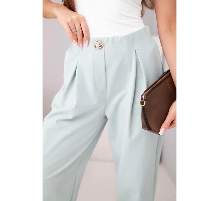 Dámské bavlněné kalhoty s vysokým pasem a ozdobným knoflíkem tmavě mátové Dámské bavlněné kalhoty s vysokým pasem a ozdobným knoflíkem tmavě mátové