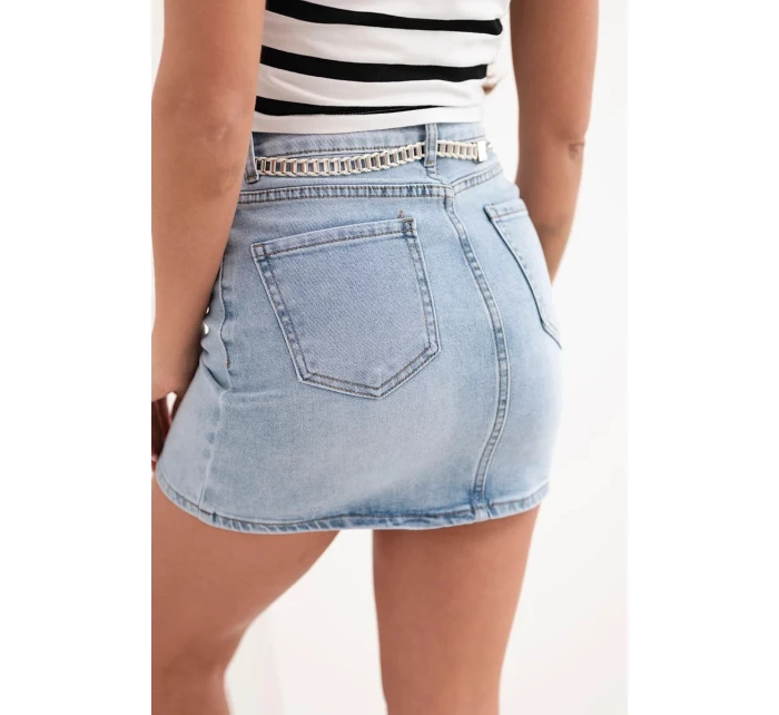 Džínová mini sukně model 21951949 s řetízkem modrá - K-Fashion Džínová mini sukně model 21951949 s řetízkem modrá - K-Fashion
