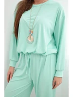 Dámský komplet z viskózy, mikina s přívěskem a široké kalhoty mentolová