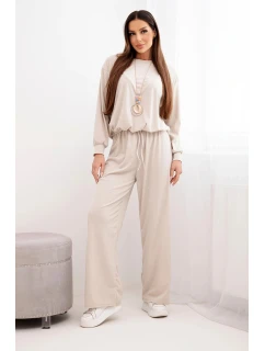 Dámský komplet viskózová mikina s přívěskem a široké kalhoty béžový