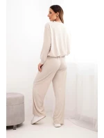 Dámský komplet viskózová mikina s přívěskem a široké kalhoty béžový