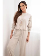 Dámský komplet viskózová mikina s přívěskem a široké kalhoty béžový