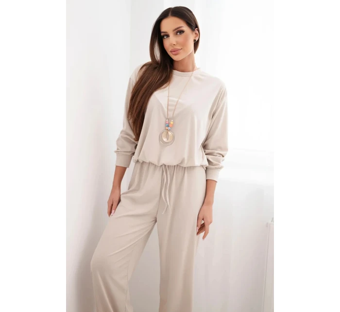 Dámský komplet viskózová mikina s přívěskem a široké kalhoty béžový Dámský komplet viskózová mikina s přívěskem a široké kalhoty béžový