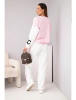 Dámský teplákový komplet Masełko dvoubarevný s oversized mikinou a rovnými kalhotami pudrově růžový+bílý