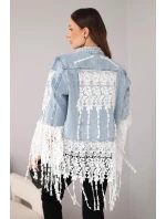 Dámská džínová bunda bavlněná s krajkou a třásněmi jasně džínová