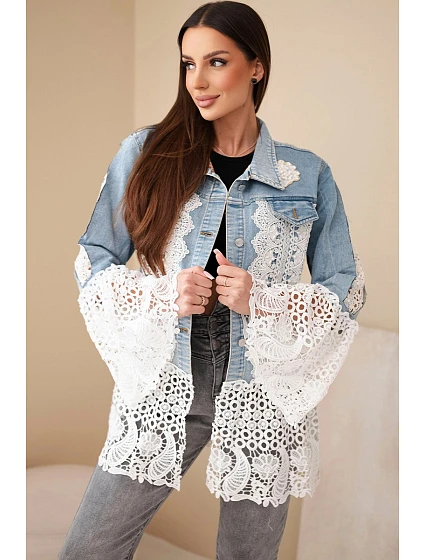 Dámská džínová bunda z bavlny a květinovou krajkou světle džínová