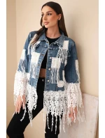 Dámská džínová bunda bavlněná s třásněmi a krajkou v boho stylu tmavě džínová