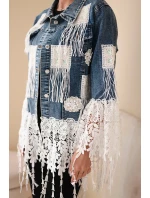 Dámská džínová bunda bavlněná s třásněmi a krajkou v boho stylu tmavě džínová