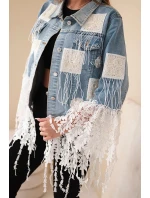 Dámská bavlněná džínová bunda s třásněmi a krajkou v boho stylu světle džínová