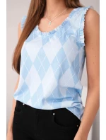 Dámská viskózová halenka bez rukávů s model 21954914 a volánkem u výstřihu modrá - K-Fashion Dámská viskózová halenka bez rukávů s model 21954914 a volánkem u výstřihu modrá - K-Fashion