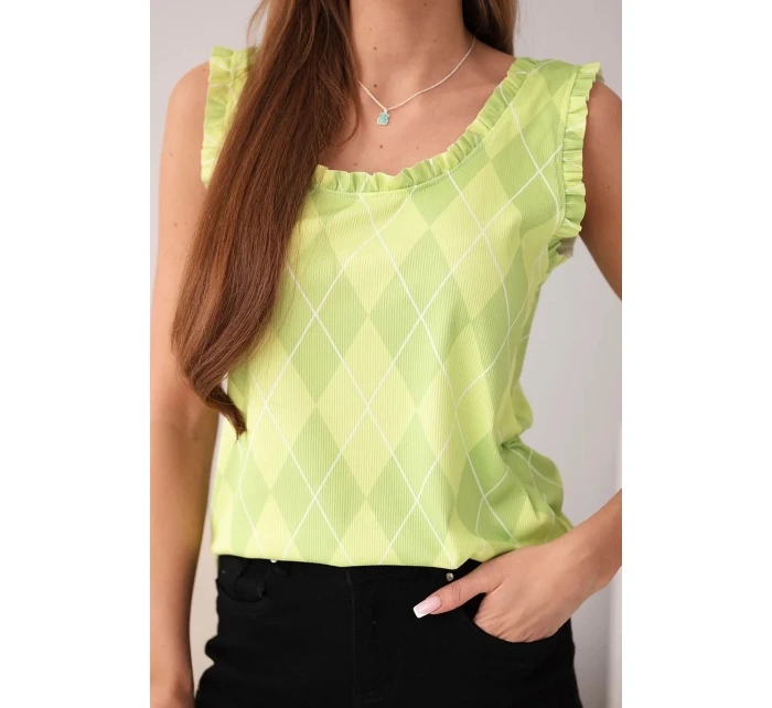 Dámská viskózová bezramenní halenka s kosočtverci a volánkem kolem výstřihu zelená Dámská viskózová bezramenní halenka s kosočtverci a volánkem kolem výstřihu zelená