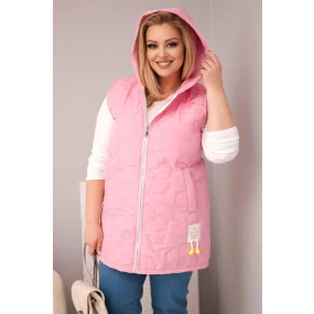 Dámská vesta Plus Size s kapucí a květinovým prošíváním světle růžová