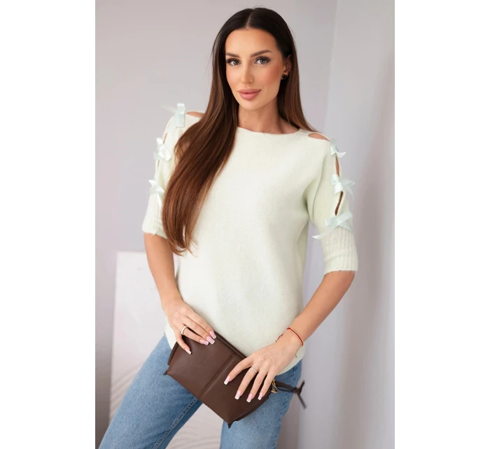 Dámský svetr s krátkým rukávem a ozdobnými mašličkami mátový Dámský svetr s krátkým rukávem a ozdobnými mašličkami mátový