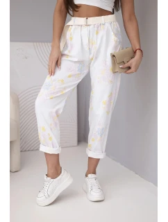 Dámské viskózové kalhoty s květinami a páskem bílé