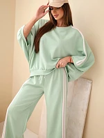 Dámský komplet z viskózy máslový se širokými nohavicemi a volnou blůzou tmavě mátový