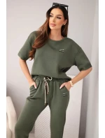 Dámská souprava viskózová máslová s krátkým rukávem a kalhotami s ohrnutým nohavicí khaki