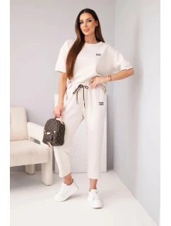 Dámský komplet viskózový máslový s krátkým rukávem a kalhotami s ohrnutým lemem béžový