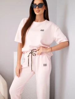 Dámská viskózová souprava s krátkým rukávem a kalhotami s ohrnovaným lemem cukrová růžová