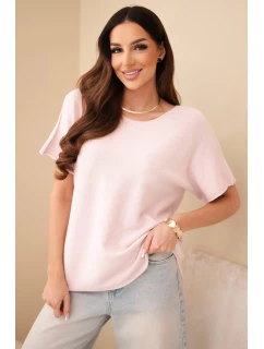 Dámský svetr s krátkým rukávem volného střihu pudrově růžový